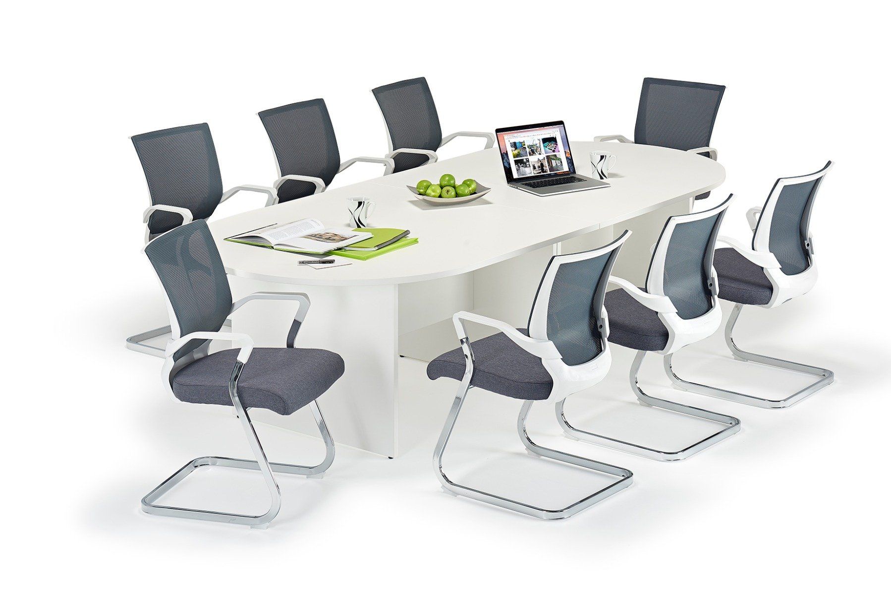 White Executive Modular Boardroom Table And Grey And White Chairs Bundle