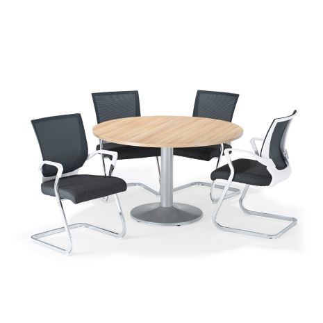 American Light Oak Circular Office Table And Trumpet Base With Black and White Cantilever Chairs Bundle