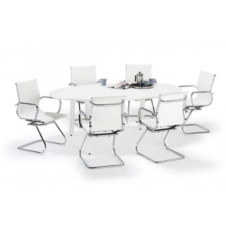 White Oval Boardroom Table and White Charles Eames Style Leather Boardroom Chairs Bundle
