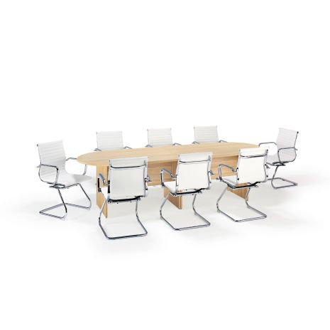 American Light Oak Modular Boardroom Table and White Charles Eames Style Chairs