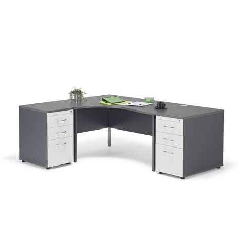 Curved Graphite Grey Panel Leg Desk and 2 Desk High Pedestals - Left Hand