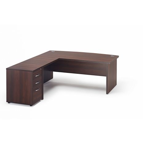 Premium Executive Walnut Bow Fronted Office Desk with Return and 600mm Desk High Pedestal Left Hand