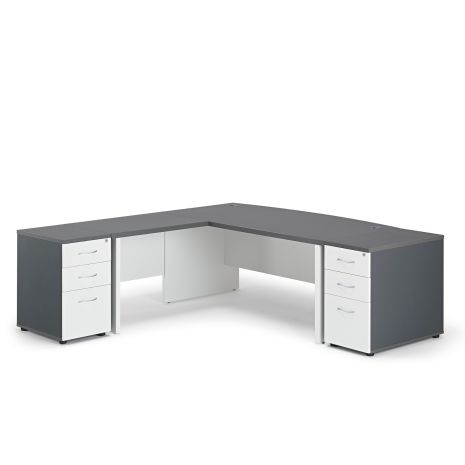 Prime Graphite Grey Executive Bow Fronted Desk with White Legs, Return and Two Desk High Pedestals