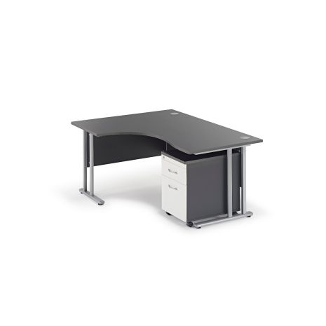 Solar Graphite Grey Curved Cantilever Office Desk with Mobile Pedestal - Left Hand with Two Drawer Pedestal