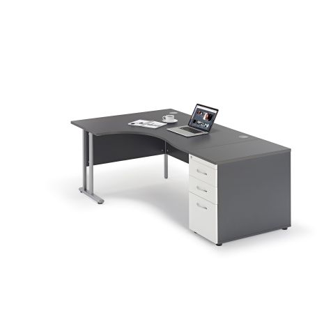 Curved Graphite Grey Cantilever Desk and 800mm Desk High Pedestal - Left Hand Side View