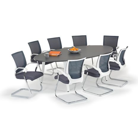 Graphite Grey Oval Boardroom Table With Grey and White Mesh Chairs
