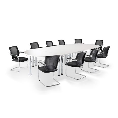 White Modular Boardroom Table on Chrome Legs with Black Medium Back Mesh Cantilever Chair Bundle