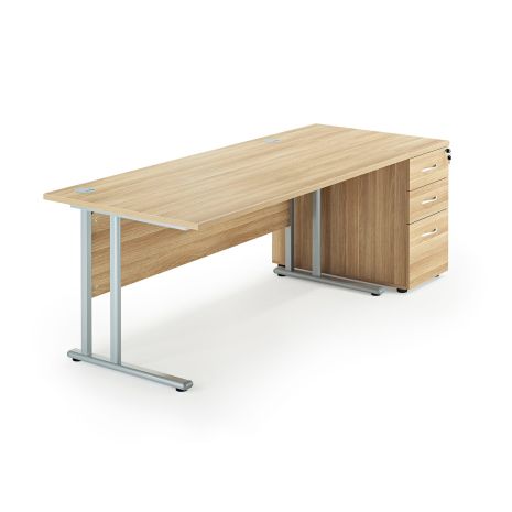 Solar American Oak Cantilever Office Desk with Desk High Pedestal Bundle