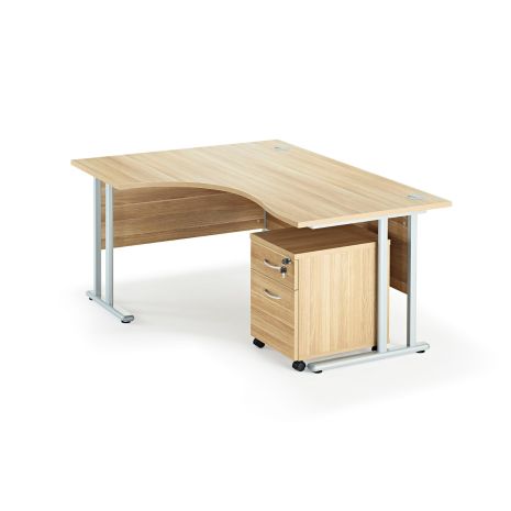 Solar American Oak Curved Cantilever Office Desk with Mobile Pedestal
