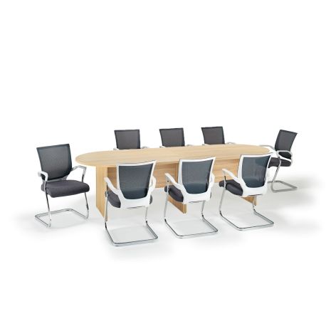 American Light Oak Executive Modular Boardroom Table And Grey And White Chairs Bundle