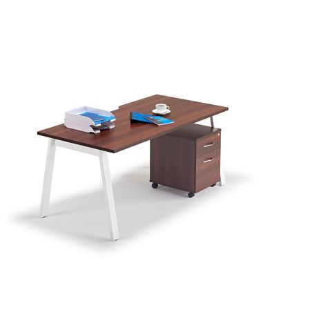 Walnut Executive Bench Desks with Mobile Pedestal - Angled Legs with Two Drawer Pedestal