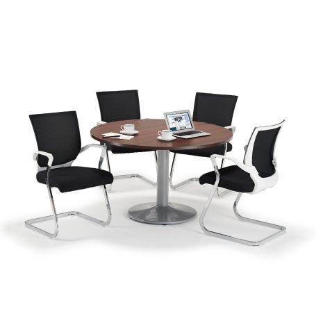 Walnut Circular Office Table and Trumpet Base with Black And White Cantilever Chairs Bundle