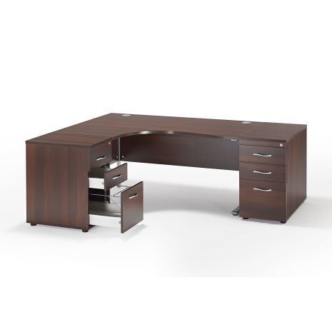 Solar Walnut Curved Executive Cantilever Office Workstation with 2 Desk High Pedestals Bundle - Left Hand