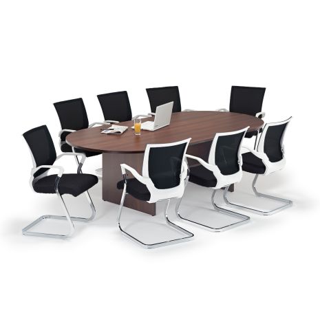 Walnut Executive Boardroom Table with Black And White Chairs Bundle