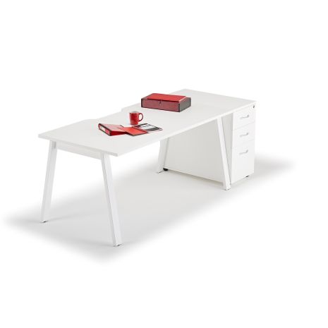 White Executive Bench Desks and Desk High Pedestal - Angled Legs with Desk High Pedestal