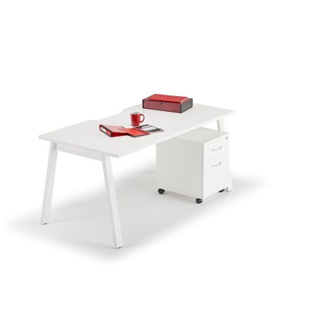 White Executive Bench Desks with Mobile Pedestal Bundle - Angled Legs with Two Drawer Pedestal