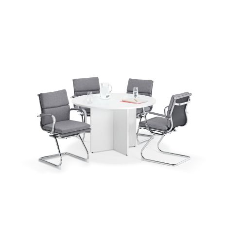 White Circular Office Table with Charles Eames Inspired Grey Fabric Soft Pad Cantilever Chairs