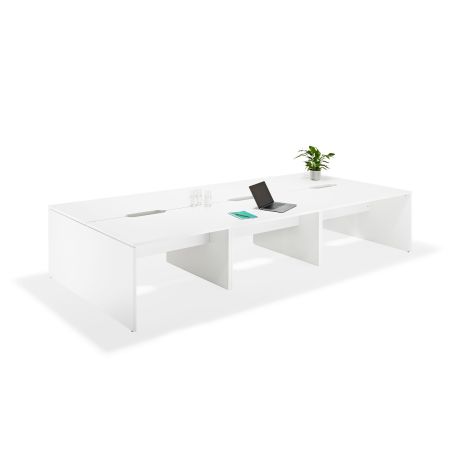 White Executive Bench Desks with Wooden Legs Pod of Six